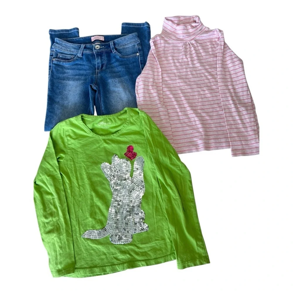 Bundle of Mix Girls Clothings Jeans,Stripe Top And Green Cat Sequin Kids Top 7